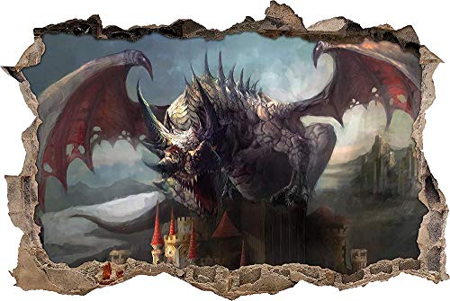 KAIASH 3D Wandsticker der Drache auf der Festung Wanddurchbruch im 3D Look Wand oder Türaufkleber Wandsticker Wandtattoo Wanddekoration 92x62cm