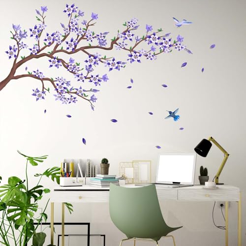 Amimagen Wandtattoo Lila Kirschblüten Wandaufkleber – Blumen Vögel Baumzweig Blumen Wandsticker – Wohnzimmer Schlafzimmer TV Sofa Hintergrund Familien Wanddeko