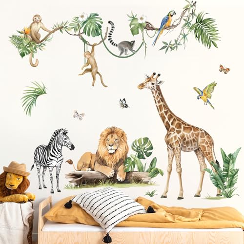 decalmile Wandtattoo Dschungel Tiere Reben Wandaufkleber Giraffe Löwe Zebra Safari Blätter Wandsticker Kinderzimmer Babyzimmer Schlafzimmer Wanddeko (XXL)