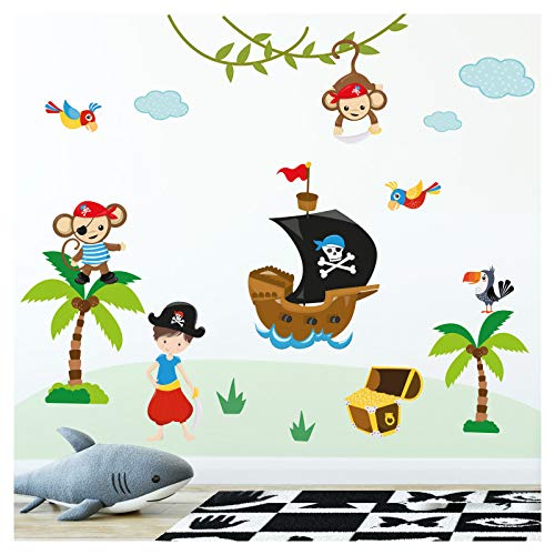 Little Deco Kinderzimmer Aufkleber Affen Pirat I 115 x 95 cm (BxH) I Piratenschiff Wandtattoo Wandaufkleber Junge Tiere Deko Babyzimmer Baby Wandsticker DL206-20