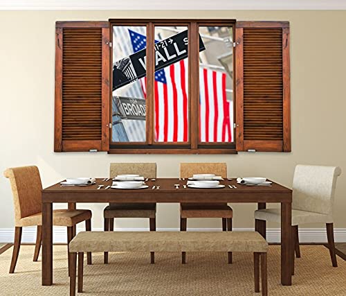 3D Wandtattoo Fenster Rustikal Wall Street USA Flagge New York Vintage Wand Aufkleber Wanddurchbruch Wandbild 11RS2023, Wandbild Größe F:ca. 97cmx57cm