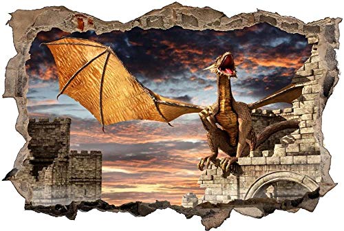 3D-Effekt Wandtattoo Aufkleber Durchbruch selbstklebendes Wandbild Wandsticker Stein Wanddurchbruch Wandaufkleber Tattoo,Drache Schloss,Größe:50x75cm