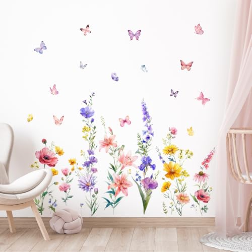 Tanlaby Bunte Blumen Wandaufkleber Schmetterling Pflanze Wandaufkleber Garten Blumen Wandaufkleber Aquarell Pflanzen Wandsticker für Kinderzimmer Wohnzimmer Schlafzimmer Flur Wanddeko