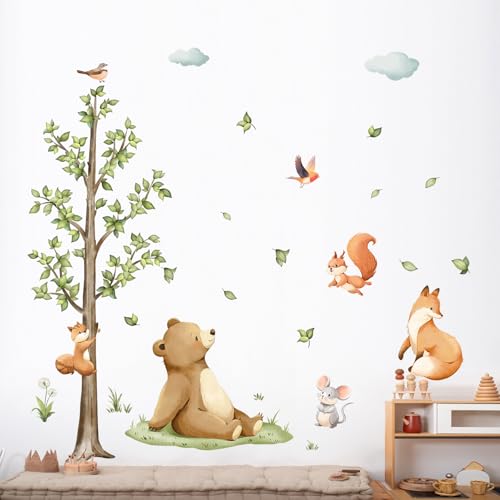 Tanlaby Waldtiere Baum Wandaufkleber Cartoon Tiere Wandsticker Bär Fuchs Eichhörnchen Safari Wanddeko für Babyzimmer Kinderzimmer Schlafzimmer Wohnzimmer