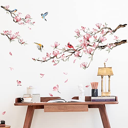 decalmile Wandtattoo Magnolie Blumen Ast Wandaufkleber Blüten Rosa Vögel Wandsticker Mädchen Schlafzimmer Wohnzimmer Wanddeko