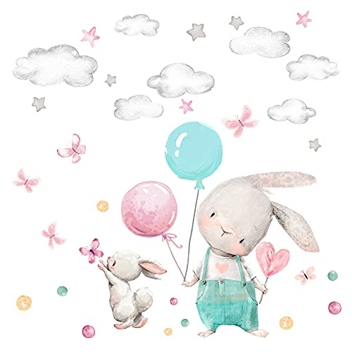 Little Deco Wandtattoo Wandsticker Kinderzimmer Mädchen Tiere Ballon Wandaufkleber Hase Wolken Wanddeko Spielzimmer Babyzimmer Wandbild Kinder DL675