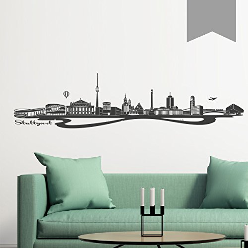 WANDKINGS Wandtattoo Skyline Stuttgart (mit Sehenswürdigkeiten und Wahrzeichen der Stadt) 100 x 24 cm Mittelgrau - erhältlich in 33 Farben