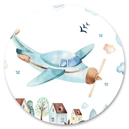 Wallepic Sticker Kreis AQUARELL Flugzeug Sterne Wolken Häuser Bäume Natur Wanddeko Wandtattoo Aufkleber für Kinderzimmer Kindergarten Kinderstube Br. 100cm x Hö. 100cm