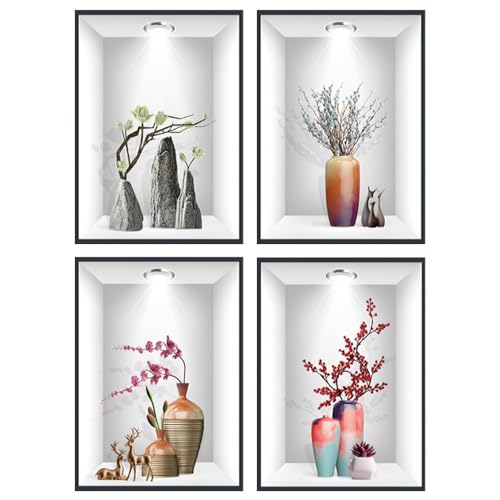 DOUSELLA 4 Stück 3D Wandsticker Vase Wandtattoo Vasen Pflanzen Wandaufkleber 3D Vinyl Wandabziehbilder Selbstklebende Pflanze Blumen Wandbilder mit Vase 3D Pflanzen Wandsticker für Haus Wanddeko