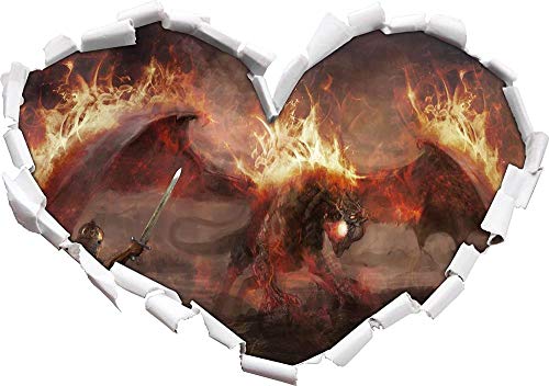 KAIASH 3D Wandsticker Ritter kämpft gegen Drachen im Feuer Herzform im 3D Look Wand oder Türaufkleber Wandsticker Wandtattoo Wanddekoration 92x64cm