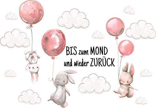 Szeridan Kaninchen  Bis zum mond...  Hase Ballons Wolken Tiere Wandtattoo Babyzimmer Wandsticker Wandaufkleber Aufkleber Deko für Kinderzimmer Baby Mädchen Junge 90x60cm