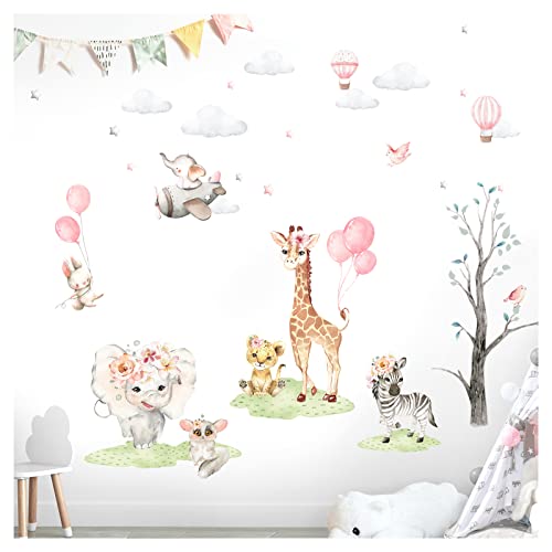 Little Deco Wandsticker Wandtattoo Kinderzimmer Mädchen Tiere Wandaufkleber Zebra Elefant Hase Löwe Wandbild Ballon Wolken Dschungel Sterne DL711-4