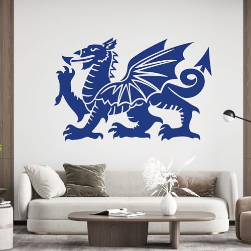 Wandtattoo, Motiv: Walisischer Drache, Y-Ddraig Goch, Drache von Cadwalader, Heraldisches Symbol von Wales, mittelblau