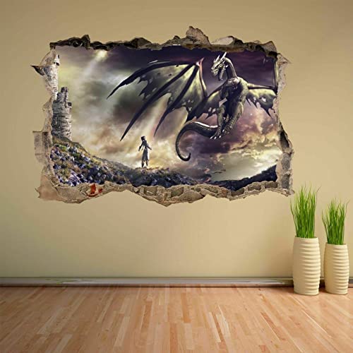 3D Wandtattoo - Fantasy-Schloss-Drache - Wandbild Wandsticker selbstklebend Wandmotiv Wohnzimmer Wand Aufkleber 60x90cm