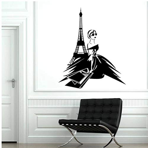 Shopping Mädchen Wandtattoo Paris Frankreich Sexy Frauen Turm Vinyl Aufkleber Schlafzimmer Shop Mall Markt Wandkunst Modernes Dekor 42x35 cm