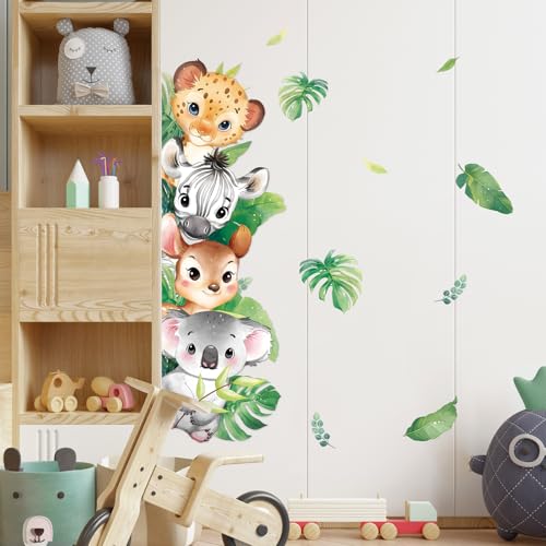 Tanlaby Waldtiere Wandaufkleber Cartoon Tiere Wandsticker Safari Wandtattoo Pflanze Zebra Löwe Koala Wanddeko für Babyzimmer Kinderzimmer Schlafzimmer Wohnzimmer