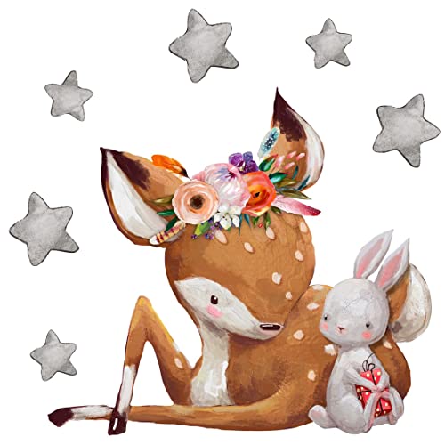 WandSticker4U®- Aquarell Wandtattoo REH und HASE I Wandbild: 58x48 cm I Baby Wandsticker Kinderzimmer Deko Wald-Tiere Sterne I Wand Aufkleber Babyzimmer Mädchen & Junge