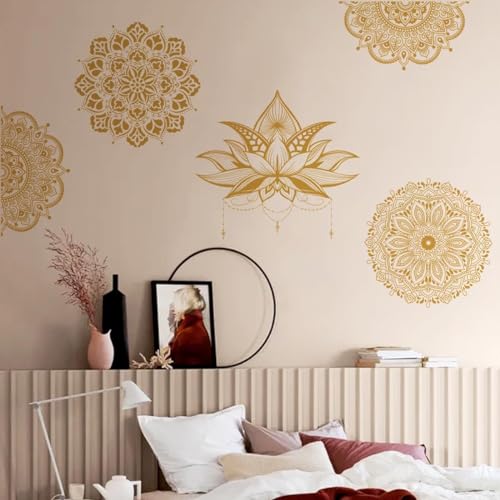 Runtoo Wandtattoo Mandala Groß Wandsticker Boho Blumen Lotus Gold Wandaufkleber Wohnzimmer Schlafzimmer Flur Yoga Wanddeko