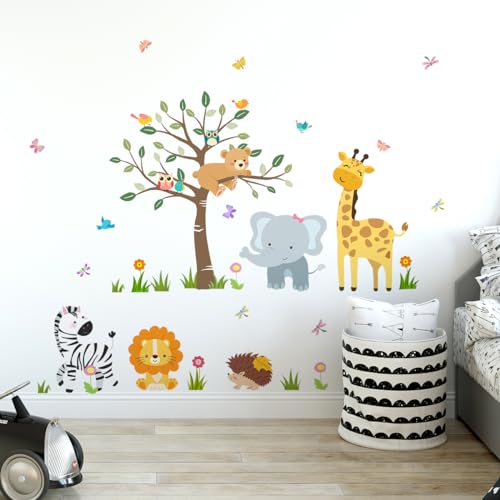 HaoFuJi Wandtattoo Waldtiere Kinderzimmer Baum Junge Mädchen Tiere Dschungel Deko Wandsticker Reh Elefant Wandaufkleber Wanddeko Schlafzimmer Babyzimmer Wandbild Kinder Aufkleber Safari Tapete