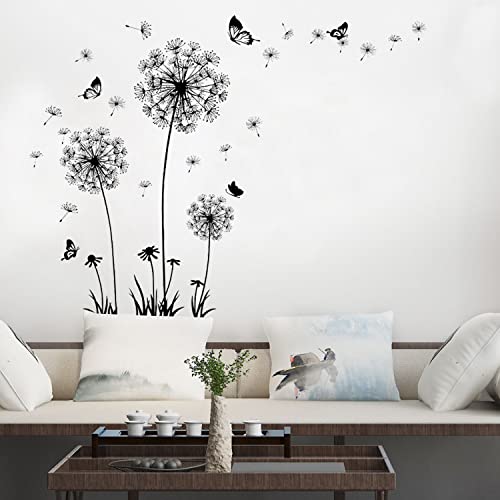 2 Stück Schwarz Wandtattoo Pusteblume Wanddeko Blumen Pflanzen Wandaufkleber Schmetterling Wandsticker für Wohnzimmer Schlafzimmer Flur