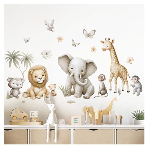 Little Deco Wandsticker Dschungeltiere Kinderzimmer Tiere Giraffe Elefant Wandtattoo für Babyzimmer Safari Wandaufkleber Schlafzimmer Wanddeko DL5024-03