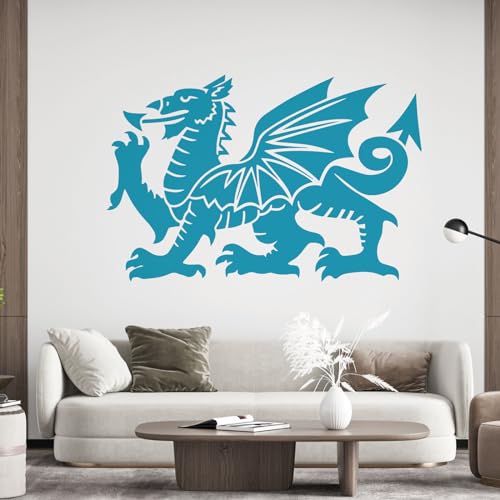 Wandtattoo, Motiv: Walisischer Drache, Y-Ddraig Goch, Drache von Cadwalader, Heraldisches Symbol von Wales, Himmelblau