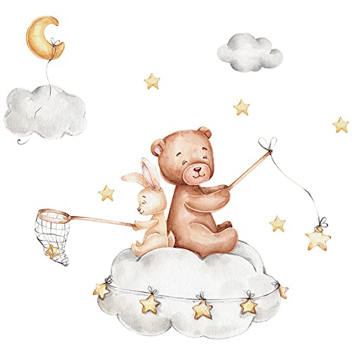 Wandsticker Bär Hase Wandtattoo mit Sterne Mond Wolken Kinderzimmer Wanddeko Tier Kinderzimmer Wandaufkleber Aquarell Wandtattoos Für Kinderzimmer Babyzimmer Spielzimmer Arbeitszimmer 60 x 70 cm