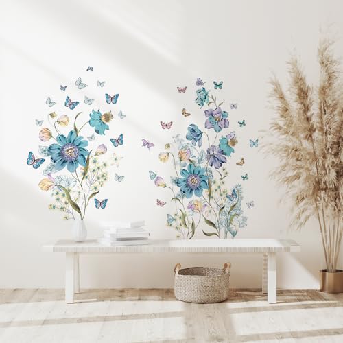 Cooltto 2pcs Wandaufkleber Selbstklebend Wand Stickers Wandtattoo Wanddeko Wohnzimmer Aufkleber Groß Modern Wandsticker Dekoration für Badezimmer Schlafzimmer Küche Büro – Blaue Blumen Schmetterlinge