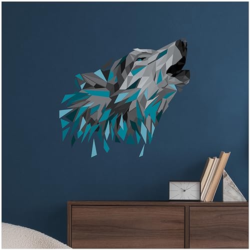 Finest Folia Wandtattoo Polygon Tier Aufkleber Wandsticker Hologramm Sticker Tiere Motiv Geometrisch Wand Art Kunst Dekor Kinderzimmer selbstklebend W012 (110cm Wolf, Blau)