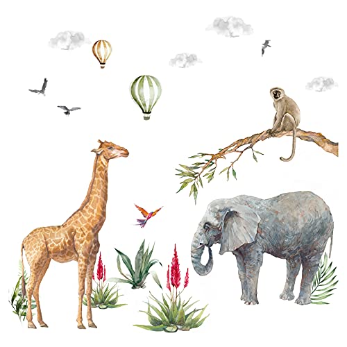 Little Deco Wandsticker Wandtattoo Kinderzimmer Jungen Safari Tiere Elefant Wandaufkleber Giraffe Spielzimmer Wanddeko Ballon Babyzimmer Wandbild Kinder DL692-2