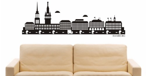 INDIGOS UG - Wandtattoo Wandsticker Wandaufkleber Aufkleber - Wandaufkleber e786 Skyline Stadt - Hamburg (Deutschland) Design 2-40x14 cm - schwarz - Dekoration Küche Bad Büro Hotel