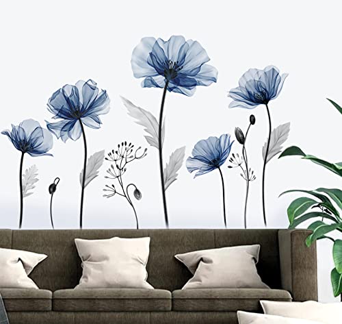 decalmile Wandtattoo Blumen Groß Blau Wandaufkleber Mohnblumen Pflanzen Wandsticker Wohnzimmer Schlafzimmer Badezimmer Wanddeko