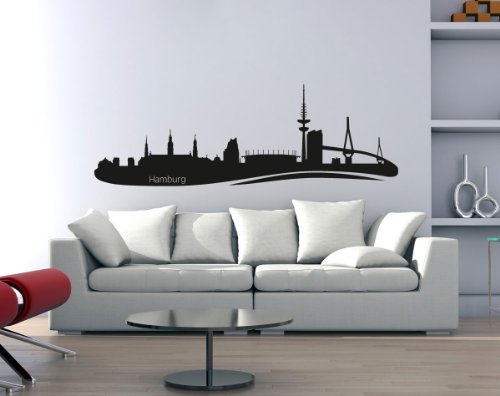 PrimeStick Wandtattoo Wandaufkleber Hamburg Skyline mit Sehenswürdigkeiten #149B rot 250cm x 85cm