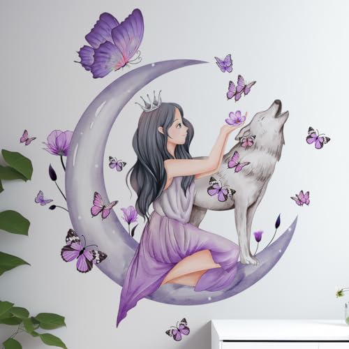 Wandtattoo Mädchenzimmer, Mond Wolf Blume Fee Wandabziehbild, Wandtattoo Schlafzimmer Erwachsene, Schmetterling Wandaufkleber, Wandtattoo Jugendzimmer Mädchen für Schlafzimmer, Zimmer, Wohnzimmer