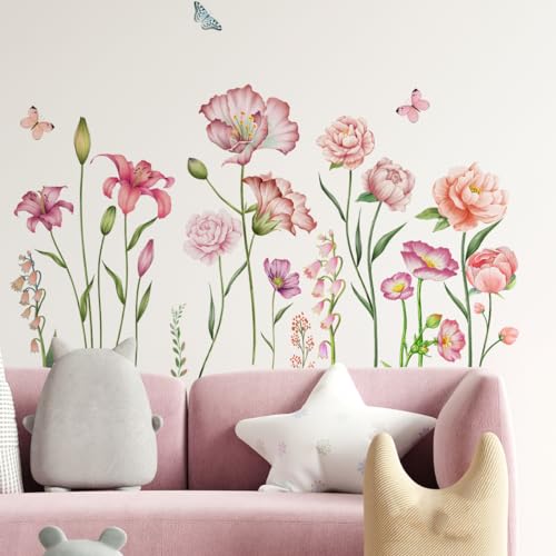 Runtoo Wandtattoo Blumen Rosa Wandsticker Boho Wildblumen Garten Blüten Wandaufkleber Wohnzimmer Schlafzimmer Badezimmer Flur Wanddeko