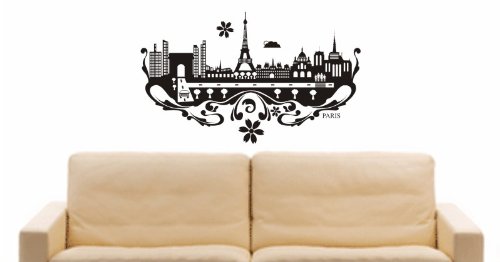 INDIGOS UG - Wandtattoo Wandsticker Wandaufkleber Aufkleber - Wandaufkleber e594 Skyline Stadt - Paris (Frankreichs) Design 3-80x48 cm - schwarz - Dekoration Küche Bad Büro Hotel