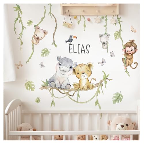 Little Deco Wandtattoo Dschungeltiere personalisiert mit Namen Wandsticker für Kinderzimmer Safari Lianen Wandaufkleber Babyzimmer Wanddeko DL991-04