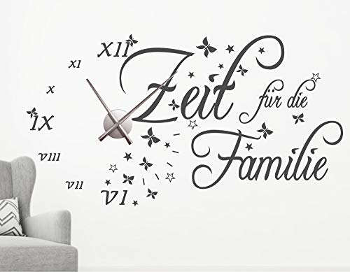 timalo® Wanduhr Wandtattoo Spruch 'Zeit für die Familie' mit Uhrwerk – Uhr zum Aufkleben Schmetterlinge | 76043-schwarz-80x33-Uhr-silber