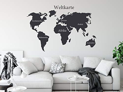 Wandtattooo Weltkarte | Größe XXL 86x57cm dunkelgrau | Wandaufkleber Wandsticker mit Kontinenten, Wohnzimmer, Kinderzimmer, Jugendzimmer, Wanddeko dunkelgrau