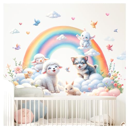 Little Deco Wandsticker Tiere mit Regenbogen Wandtattoo für Kinderzimmer Hase Baby Wandaufkleber Schaf Hund Wanddeko DL5054-03