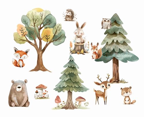 Wandtattoo Wandsticker Baum Wandaufkleber Waldtiere Bär Buntes Pflanze Selbstklebend Abnehmbar Wandkunst Aufkleber Für Mädchen und Jungen Kinder Kinderzimmer Fichte, Fuchs, Hase, Kaninchen