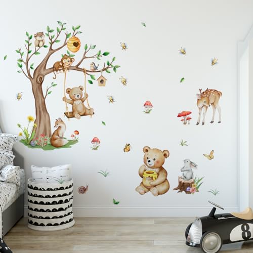 HaoFuJi Wandtattoo Waldtiere Kinderzimmer Baum Junge Mädchen Tiere Dschungel Deko Wandsticker Reh Fuchs Wandaufkleber Wanddeko Wohnzimmer Babyzimmer Wandbild Kinder Aufkleber Safari Tapete