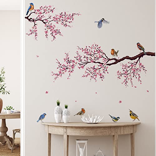 Runtoo Wandtattoo Kirschblüte Wandsticker Blumen Rosa Ast Baum Vögel Aquarell Wandaufkleber Wohnzimmer Schlafzimmer Kinderzimmer Babyzimmer Flur Wanddeko