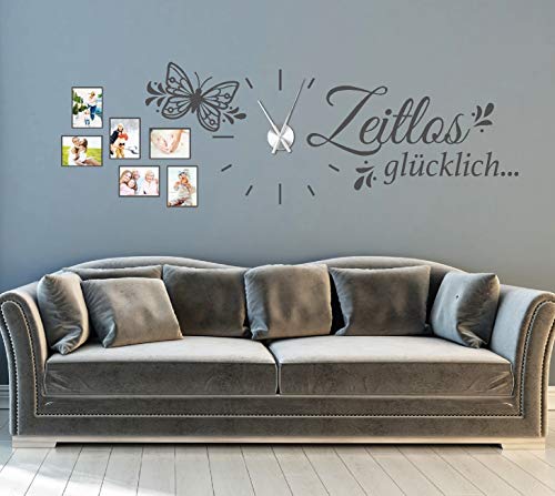 tjapalo® gr-pkm279 143x55cm XL Wandtattoo Wohnzimmer Familie Wandsticker Wohnzimmer modern Spruch Zeitlos Glücklich Wanduhr Wandtattoo Uhr mit Uhrwerk ohne Bilder