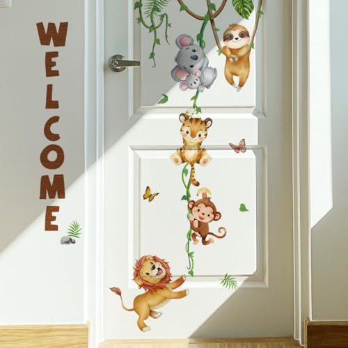 WandSticker4U®- Wandsticker DSCHUNGEL SPASS I Wandbild: 56x103 cm I Baby Wandtattoo Wald Tiere Tiger Löwe Affe Safari Deko Kinderzimmer I Tür Aufkleber Junge & Mädchen