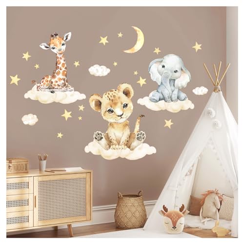 Little Deco Wandtattoo Dschungeltiere auf Wolken Wandsticker Kinderzimmer Safari Löwe Elefant Babyzimmer Wandaufkleber DL918-3