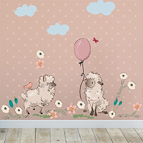 Sunnywall Wandtattoo Aufkleber Wandsticker Schaf Sheep Blumen Kinderzimmer Set Wandaufkleber II