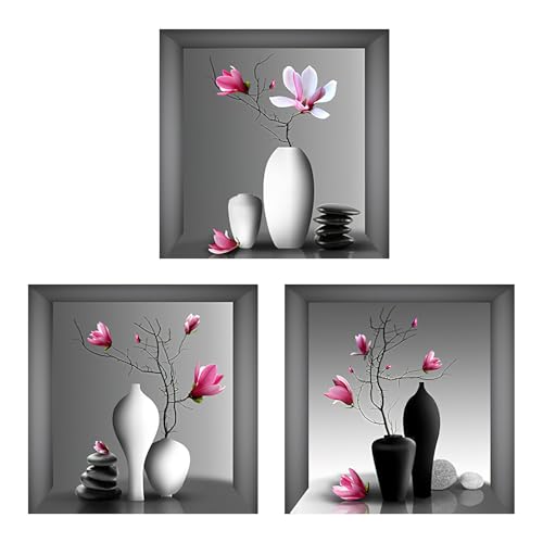 HENGBIRD 3 Stück 3D Wandsticker Vase Wandtattoo, 3D Blumen Vase Wandaufkleber, 30x30cm 3D Vase Aufkleber, Vasen Wandtattoo für Wohnzimmer für Schlafzimmer Wohnzimmer Kinderzimmer