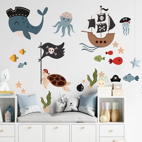 GRAZDesign Wandtattoo Piraten Kinderzimmer Set - Pirat Tiere Fische Piratenschiff - Wandaufkleber Babyzimmer für Jungen und Mädchen, selbstklebend 57x57cm