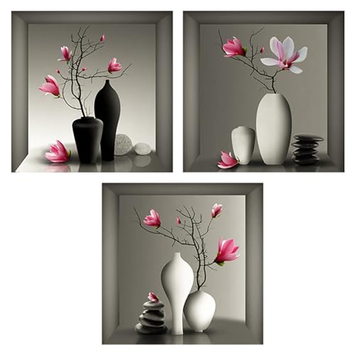 Fyihoxi 3 Stück 3D Wandsticker Vase Wandtattoo, 3D Blumen Vase Wandaufkleber, 30x30cm 3D Vase Aufkleber, Vasen Wandtattoo für Wohnzimmer für Schlafzimmer Wohnzimmer Kinderzimmer